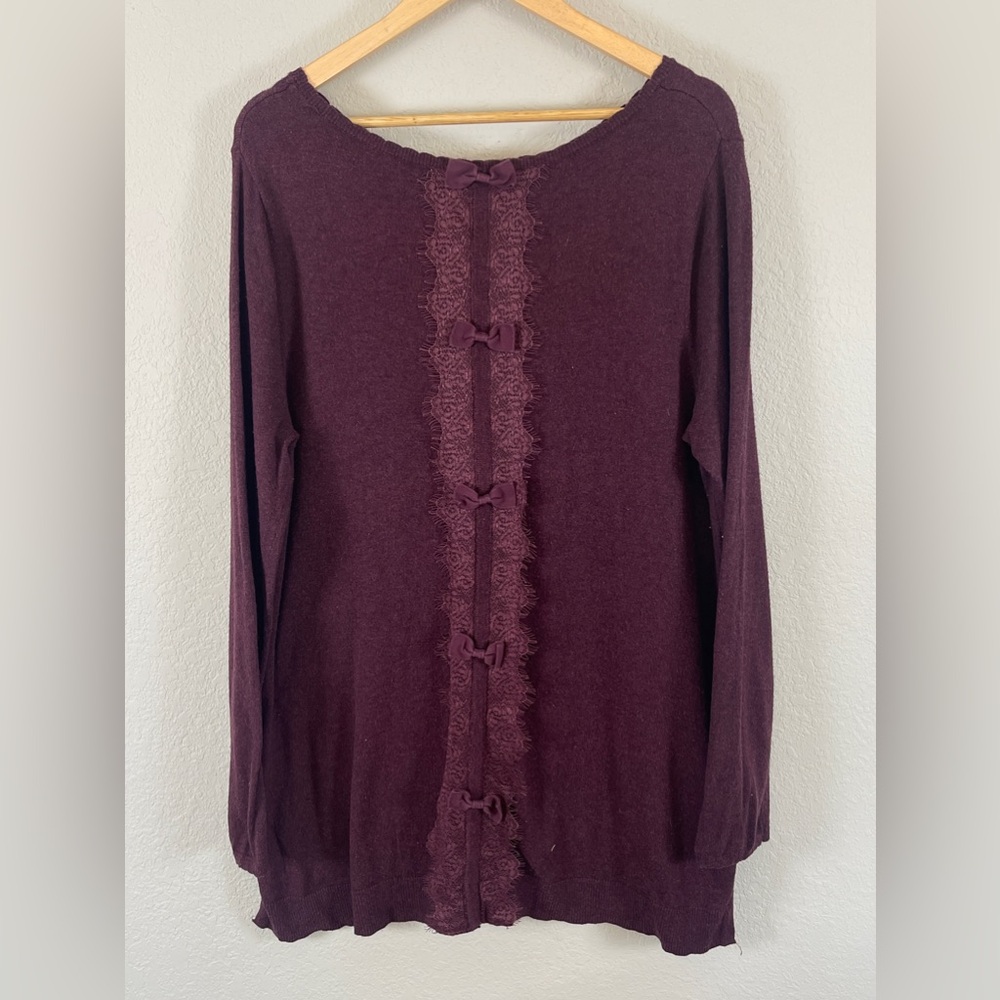 Elle Long Sleeve Sweater Lace Bow Purple Scalloped Neck Women's XL